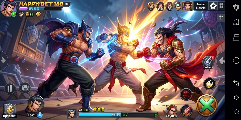 Screenshot utama <strong>HAPPYBET188</strong> menunjukkan gameplay pertarungan yang seru dan penuh aksi.