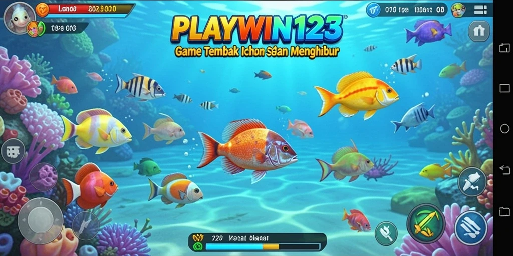 Screenshot gameplay PLAYWIN123 menampilkan aksi menembak ikan yang seru.