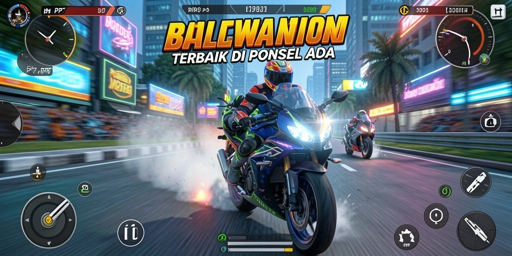 Screenshot utama PP7 menampilkan aksi balapan motor yang mendebarkan.