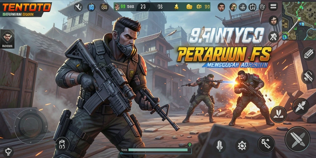 Tangkapan layar utama TENTOTO menunjukkan pertempuran intens dalam mode FPS.